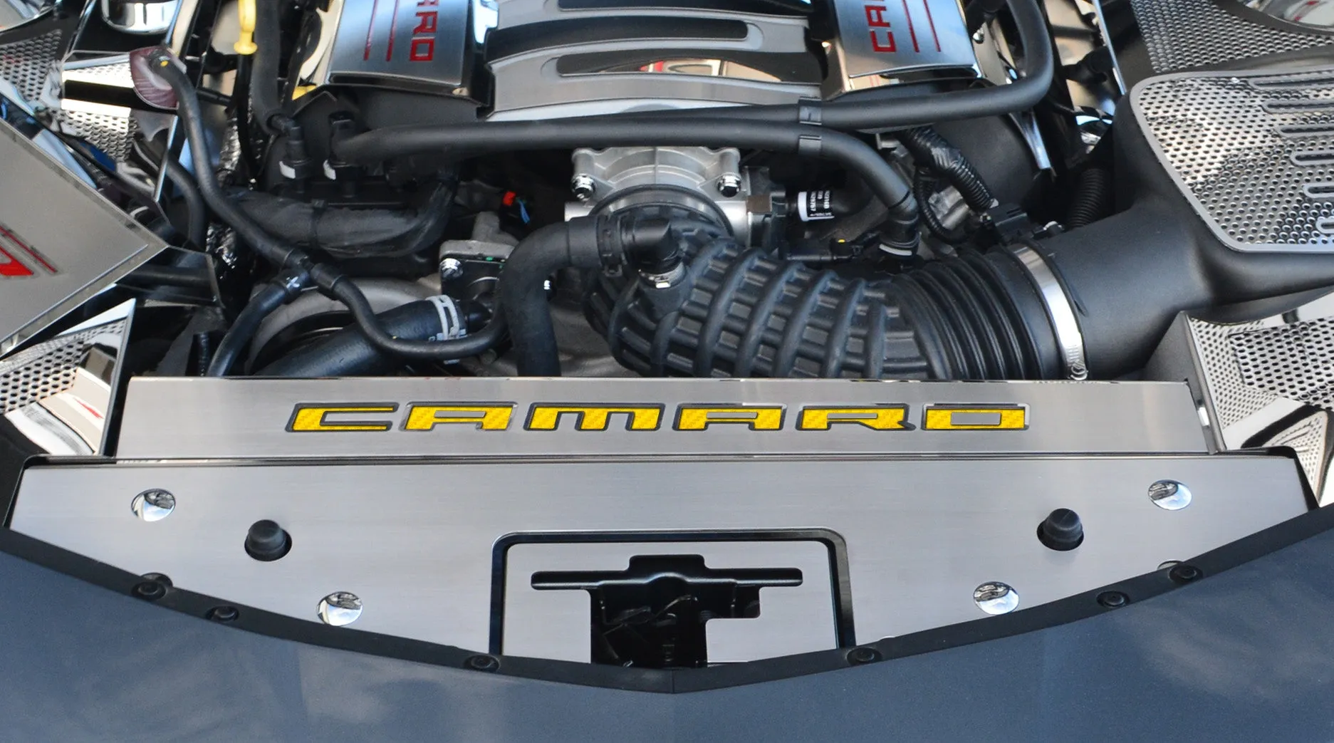 2016-2020 Camaro - Front Header Plate CAMARO Style - Stainless Steel