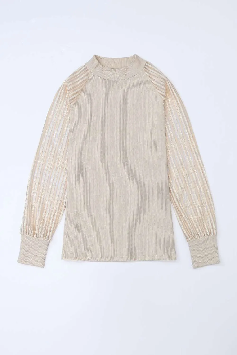 Apricot Ribbed Solid Color Striped Mesh Long Sleeve Top