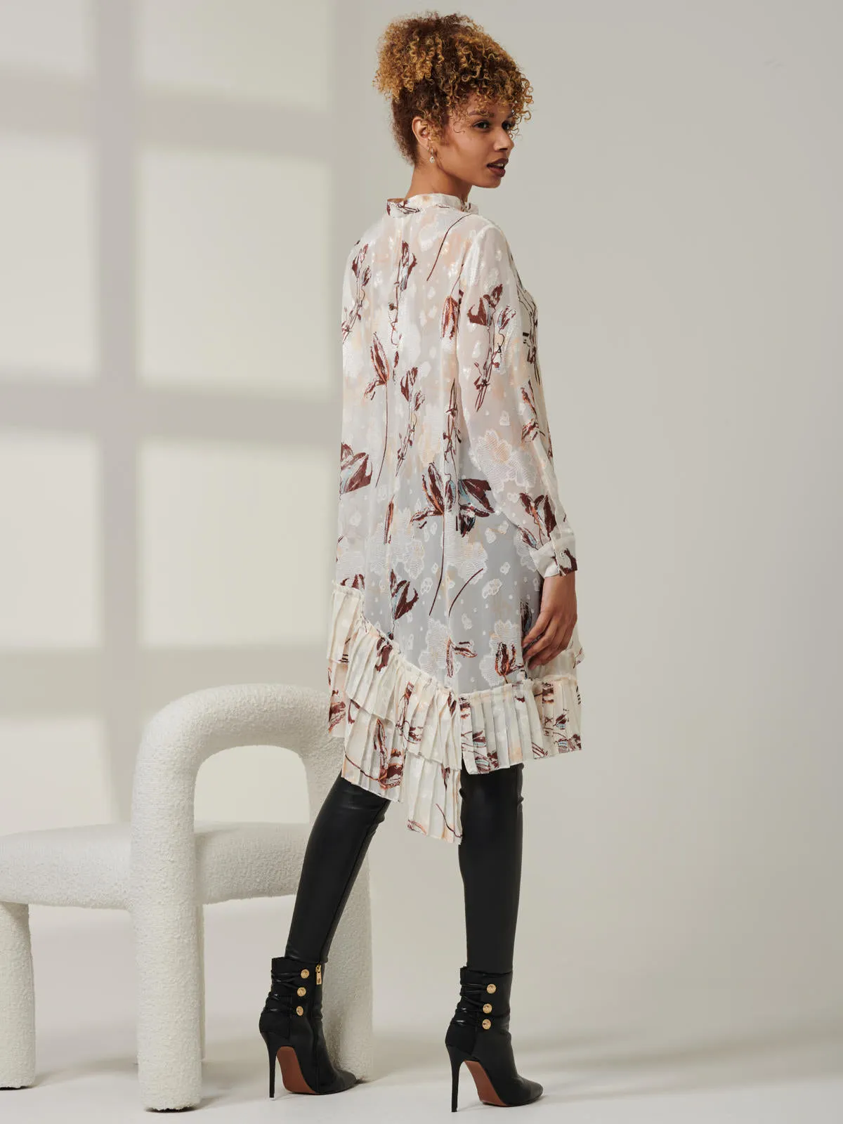 Asymmetric Tiered Hem Shirt, Cream Floral