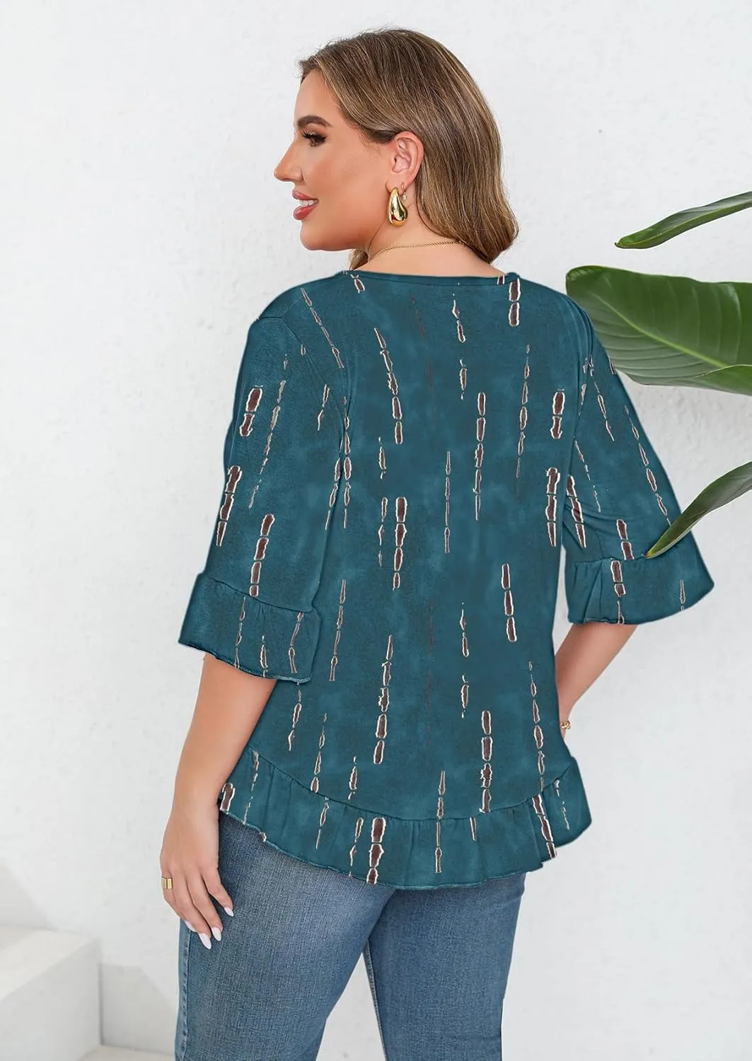 Beauhuty Plus Size Tops for Womens Tunic Ruffled Hem Crew Neck T-Shirts Casual Flowy Blouses 3/4 Ruffle Sleeve