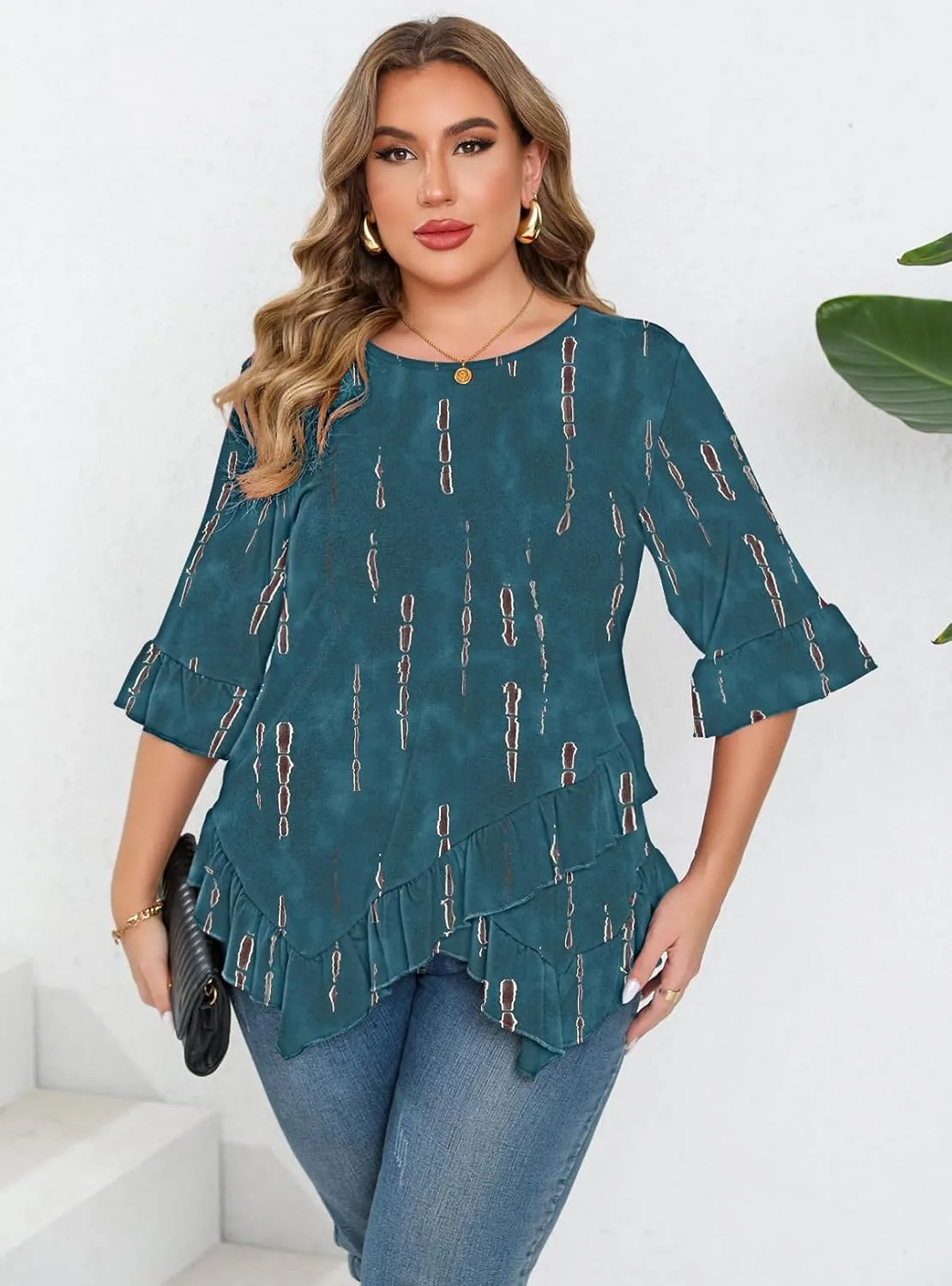 Beauhuty Plus Size Tops for Womens Tunic Ruffled Hem Crew Neck T-Shirts Casual Flowy Blouses 3/4 Ruffle Sleeve