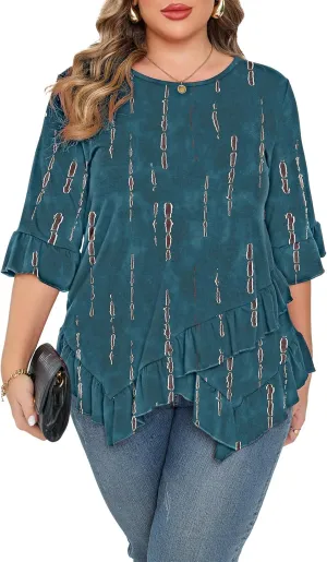 Beauhuty Plus Size Tops for Womens Tunic Ruffled Hem Crew Neck T-Shirts Casual Flowy Blouses 3/4 Ruffle Sleeve