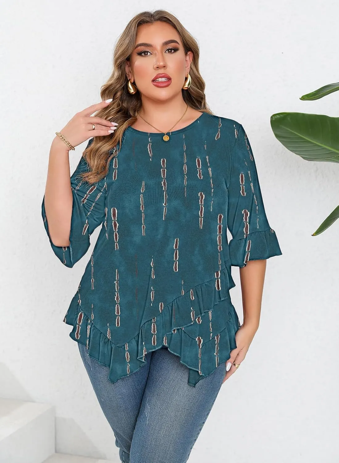 Beauhuty Plus Size Tops for Womens Tunic Ruffled Hem Crew Neck T-Shirts Casual Flowy Blouses 3/4 Ruffle Sleeve