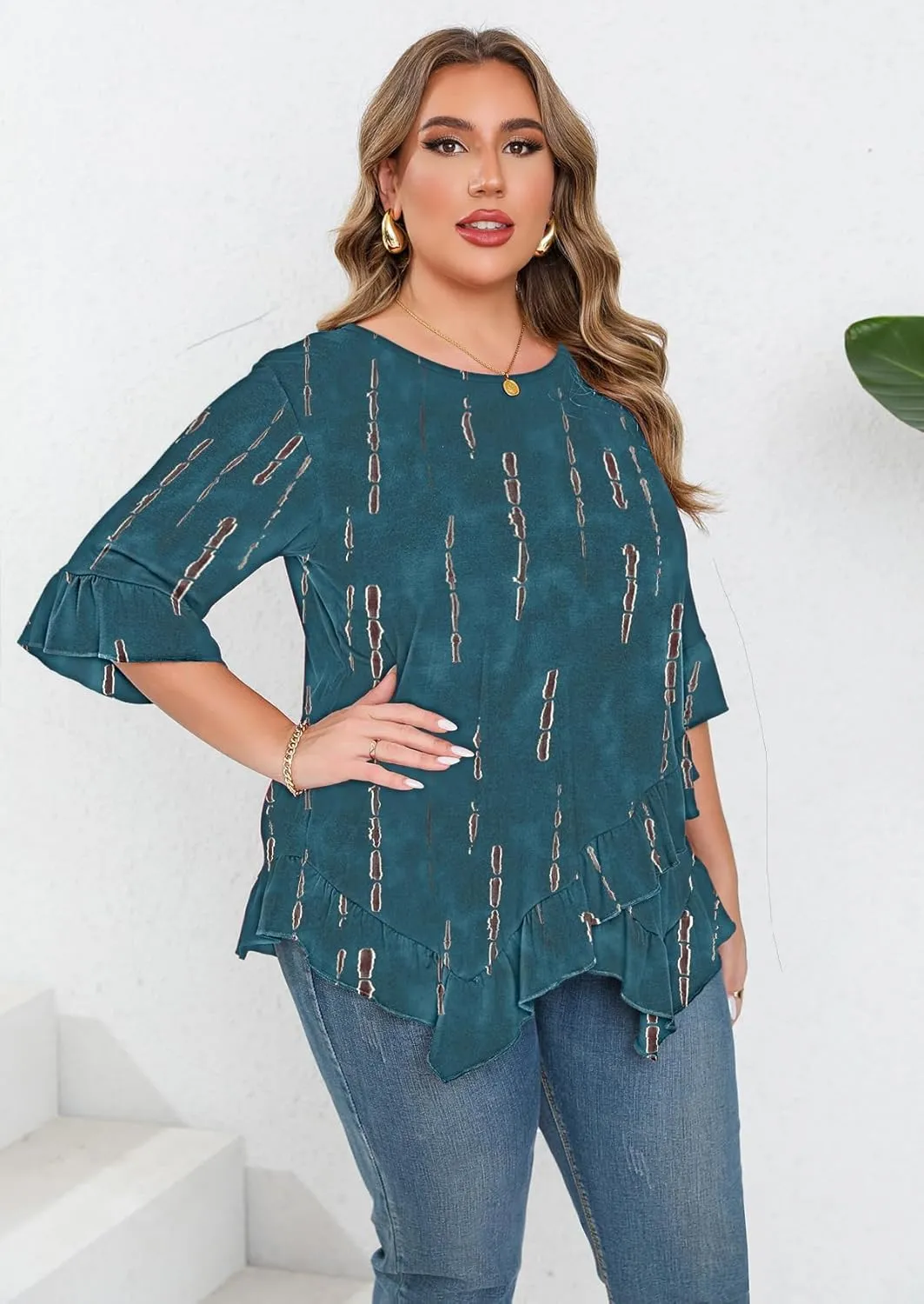 Beauhuty Plus Size Tops for Womens Tunic Ruffled Hem Crew Neck T-Shirts Casual Flowy Blouses 3/4 Ruffle Sleeve