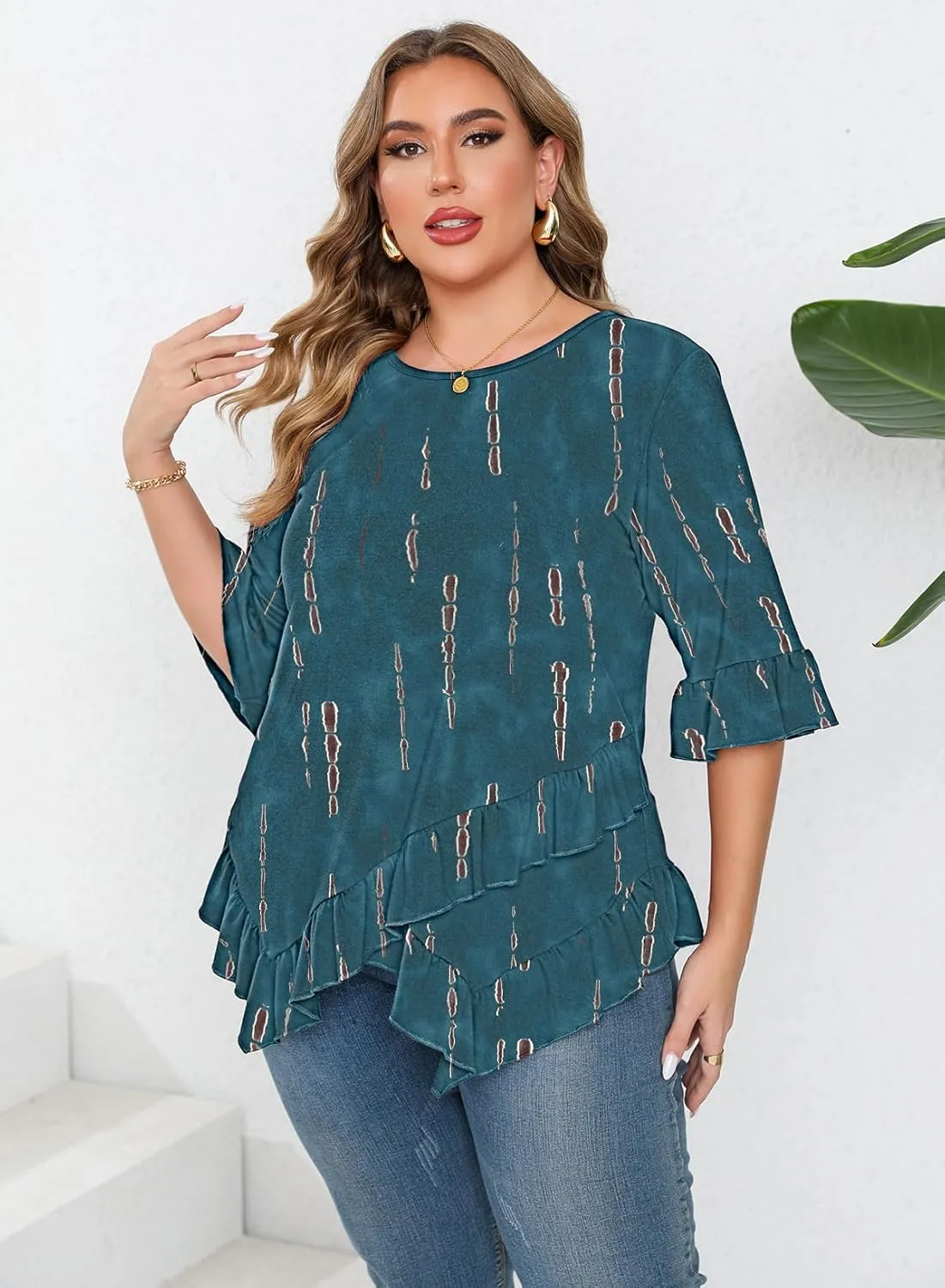 Beauhuty Plus Size Tops for Womens Tunic Ruffled Hem Crew Neck T-Shirts Casual Flowy Blouses 3/4 Ruffle Sleeve