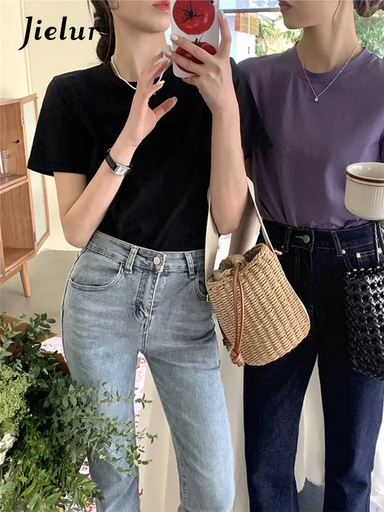 Black O-neck Short Sleeve Female T-shirts Summer Slim Solid Color Cotton Basic Women's T-shirts Simple Casual Streetwear