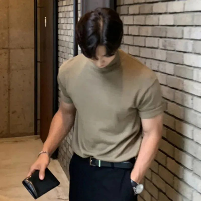 Business Casual Men's T-shirts Knitting Mock Neck Short Sleeve  Loose Male Tops Solid Color Minimalist Summer 9C6418