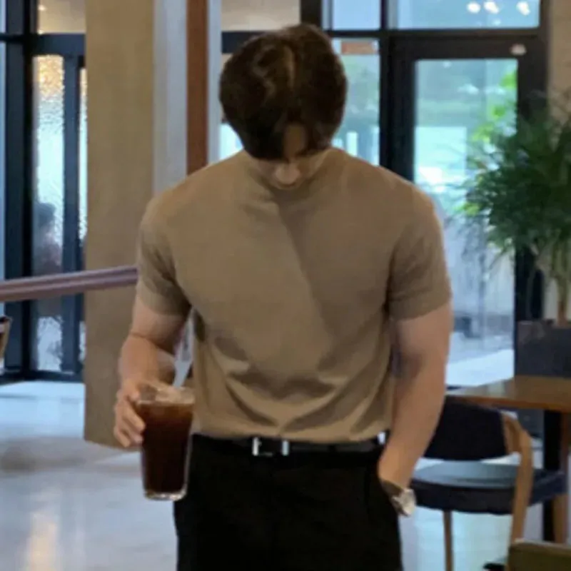 Business Casual Men's T-shirts Knitting Mock Neck Short Sleeve  Loose Male Tops Solid Color Minimalist Summer 9C6418