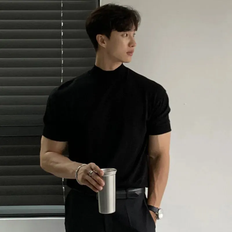Business Casual Men's T-shirts Knitting Mock Neck Short Sleeve  Loose Male Tops Solid Color Minimalist Summer 9C6418