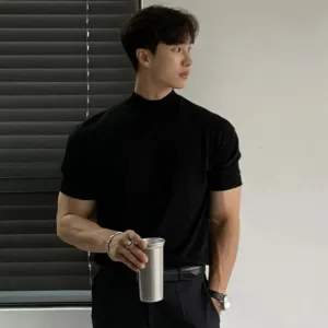 Business Casual Men's T-shirts Knitting Mock Neck Short Sleeve  Loose Male Tops Solid Color Minimalist Summer 9C6418