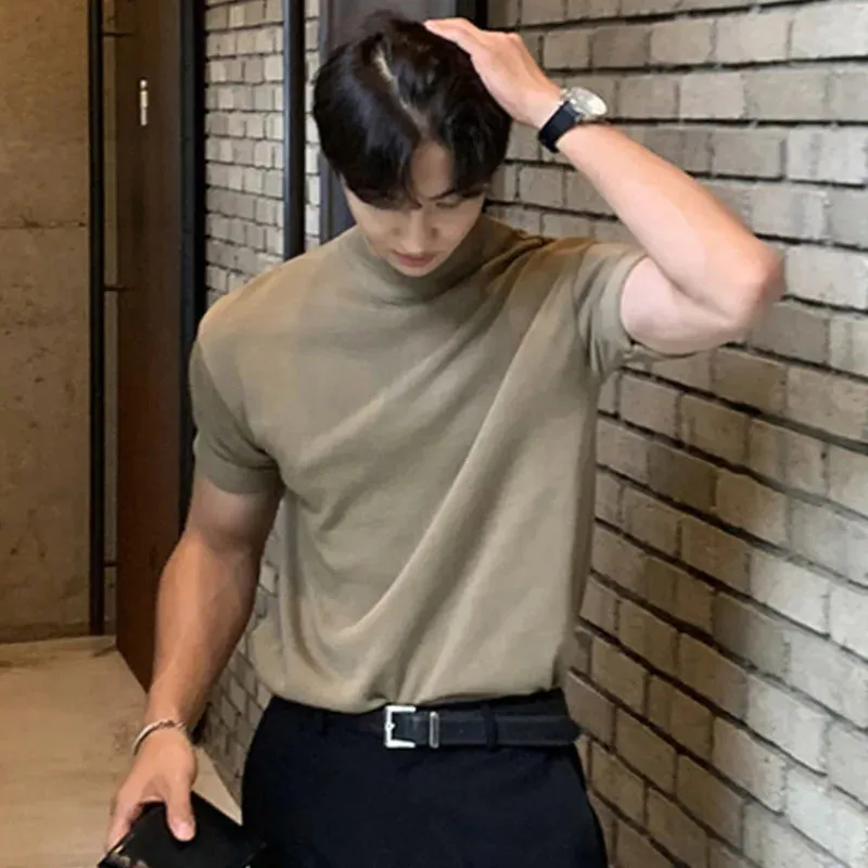 Business Casual Men's T-shirts Knitting Mock Neck Short Sleeve  Loose Male Tops Solid Color Minimalist Summer 9C6418