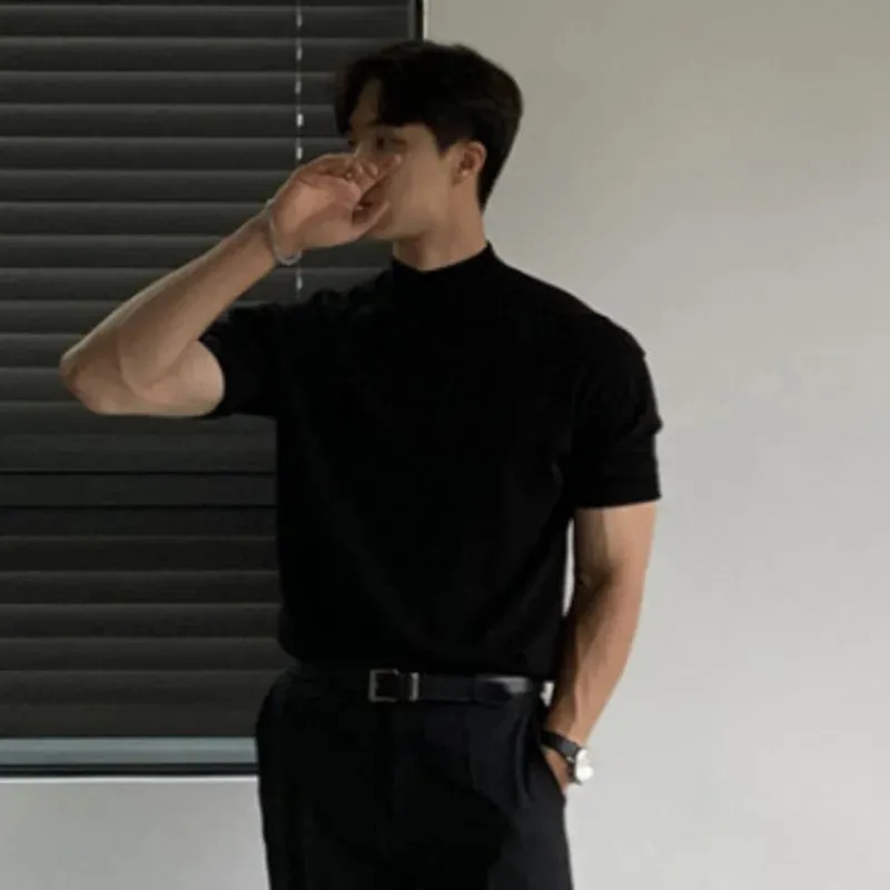 Business Casual Men's T-shirts Knitting Mock Neck Short Sleeve  Loose Male Tops Solid Color Minimalist Summer 9C6418