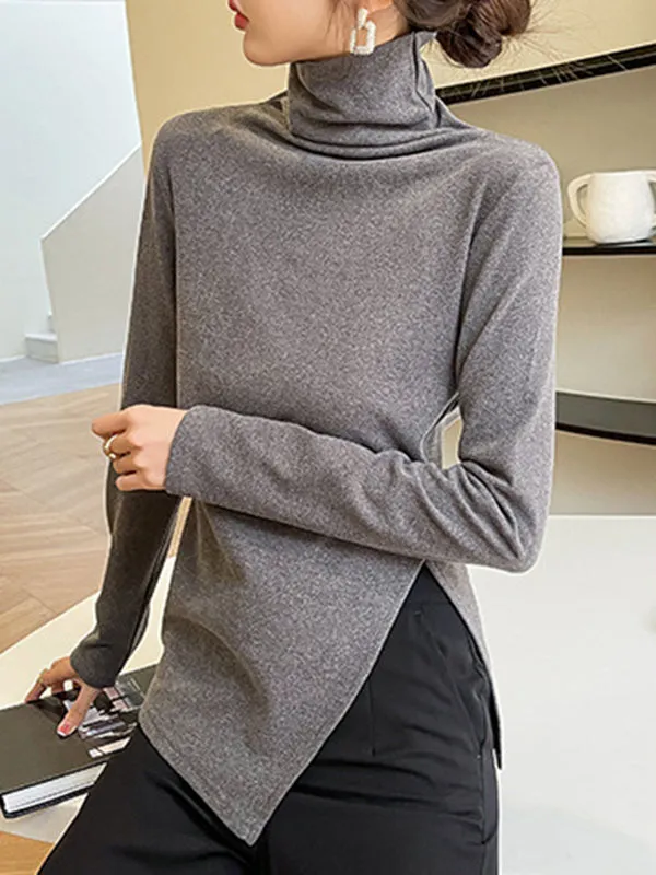 Casual Skinny Long Sleeves Split-Side Solid Color High-Neck T-Shirts Tops