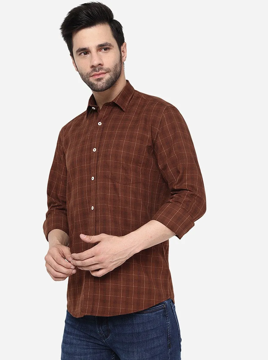 Coffee Brown Checked Slim Fit Semi Casual Shirt | JadeBlue