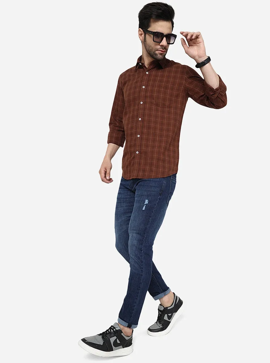 Coffee Brown Checked Slim Fit Semi Casual Shirt | JadeBlue
