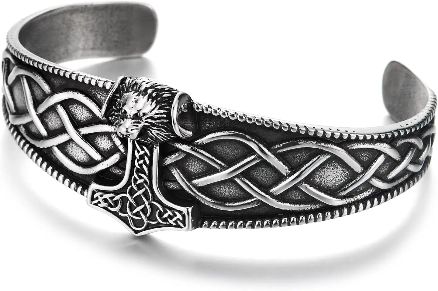 COOLSTEELANDBEYOND Men's Viking Thor's Hammer Cuff Bracelet, Steel Open Bangle, Celtic Knotwork Design, Norse Mythology