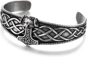 COOLSTEELANDBEYOND Men's Viking Thor's Hammer Cuff Bracelet, Steel Open Bangle, Celtic Knotwork Design, Norse Mythology
