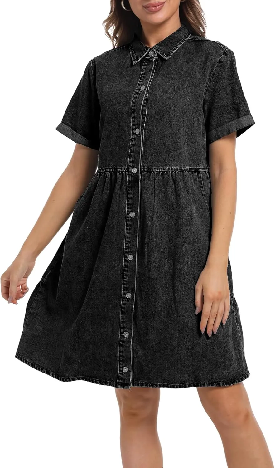 Denim Dress for Women Short Sleeve Button Down Summer Babydoll Casual Jean Dress Tunic Top