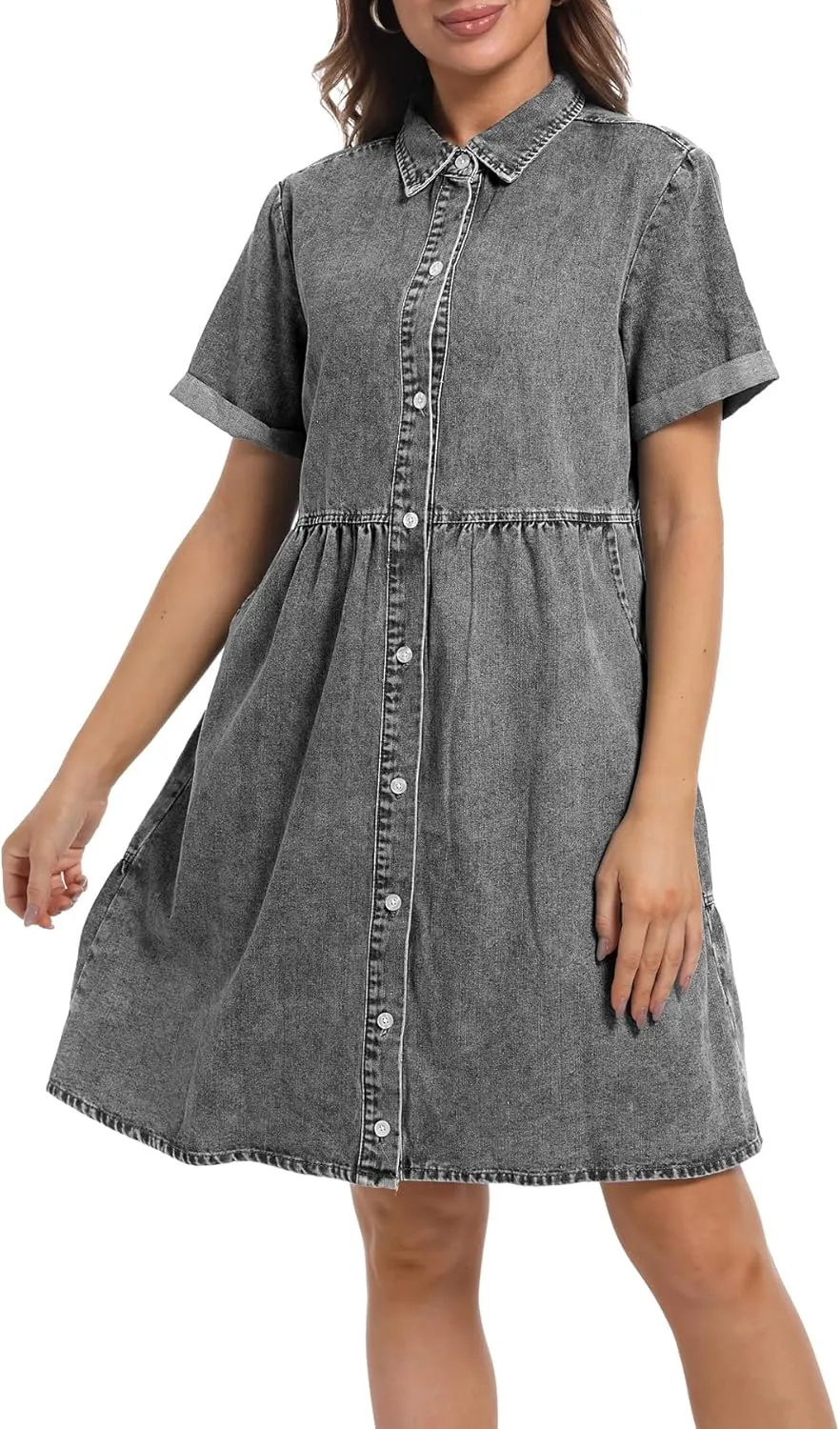 Denim Dress for Women Short Sleeve Button Down Summer Babydoll Casual Jean Dress Tunic Top