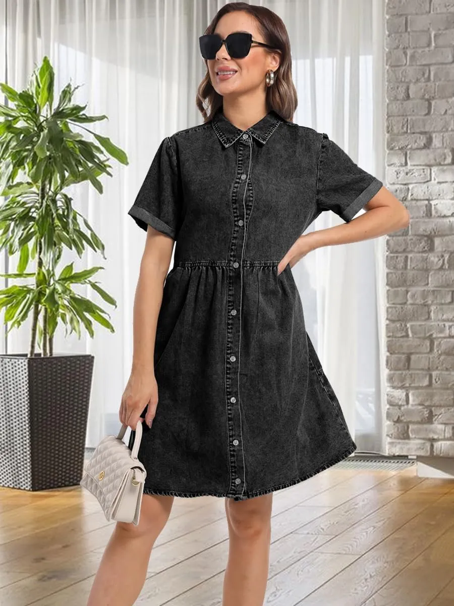 Denim Dress for Women Short Sleeve Button Down Summer Babydoll Casual Jean Dress Tunic Top