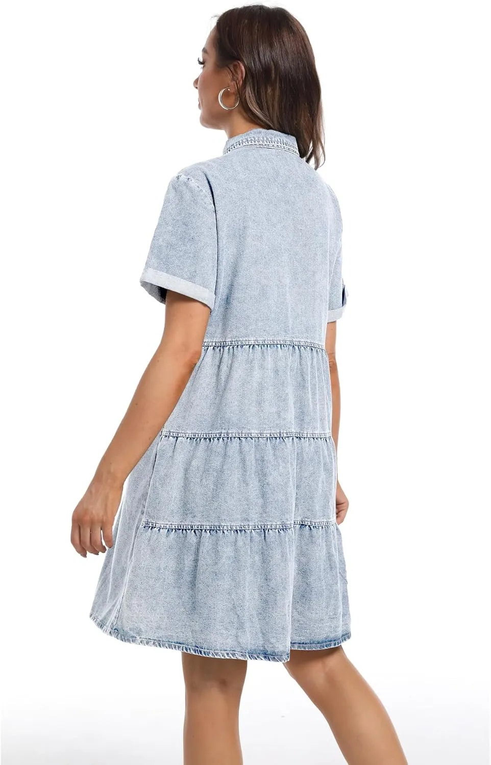 Denim Dress for Women Short Sleeve Button Down Summer Babydoll Casual Jean Dress Tunic Top