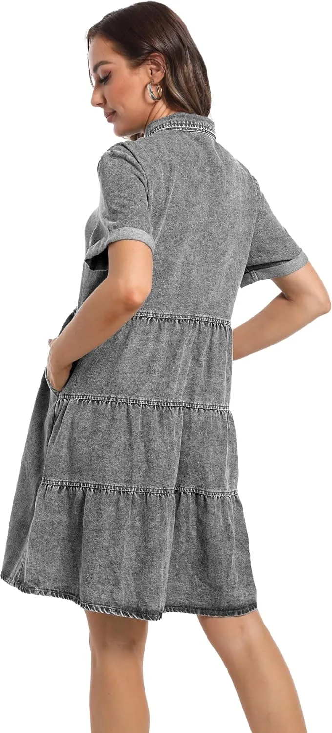 Denim Dress for Women Short Sleeve Button Down Summer Babydoll Casual Jean Dress Tunic Top