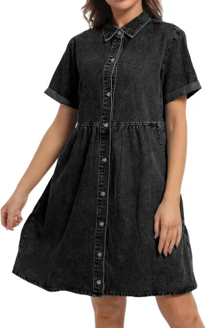 Denim Dress for Women Short Sleeve Button Down Summer Babydoll Casual Jean Dress Tunic Top