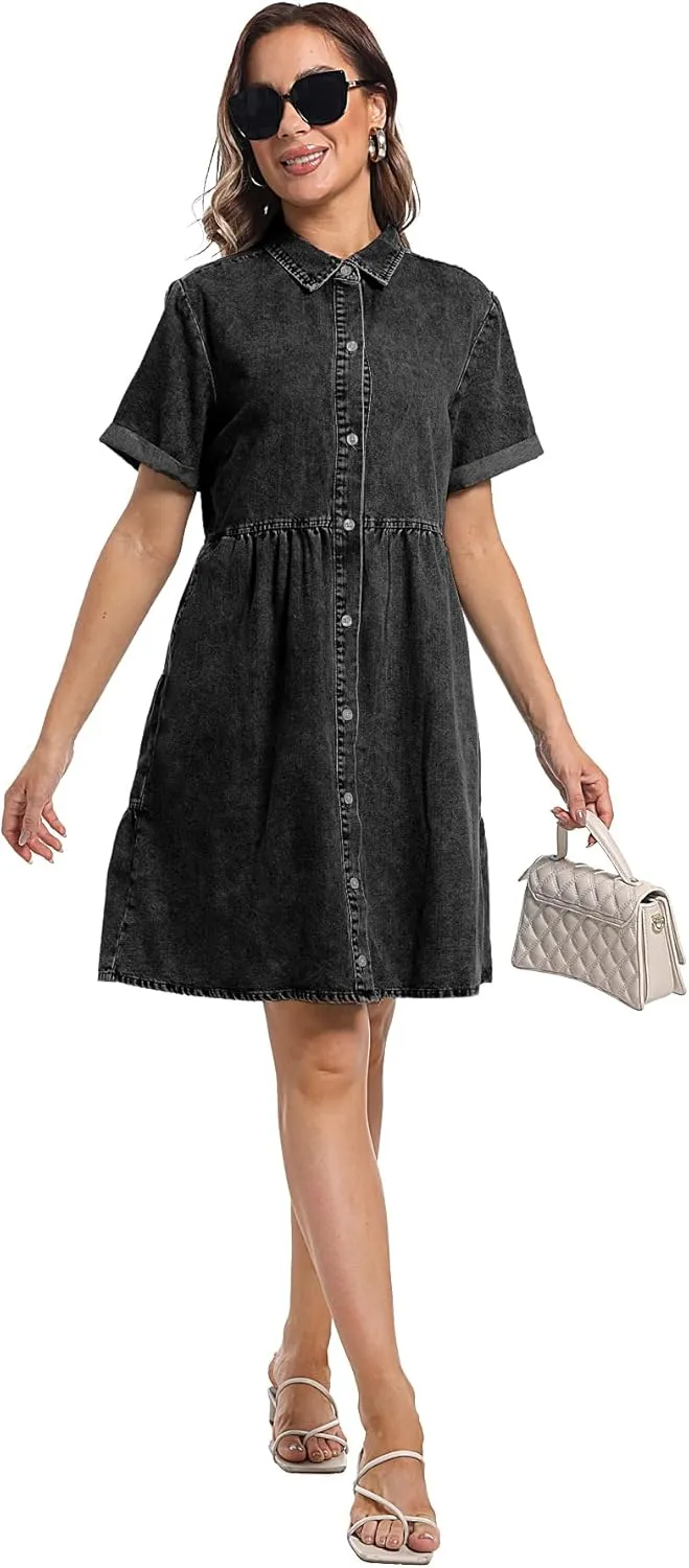Denim Dress for Women Short Sleeve Button Down Summer Babydoll Casual Jean Dress Tunic Top