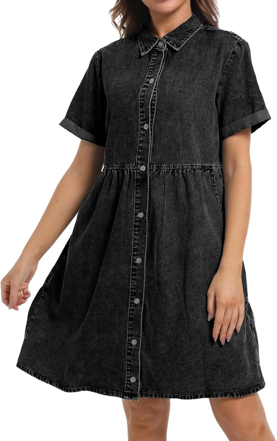 Denim Dress for Women Short Sleeve Button Down Summer Babydoll Casual Jean Dress Tunic Top