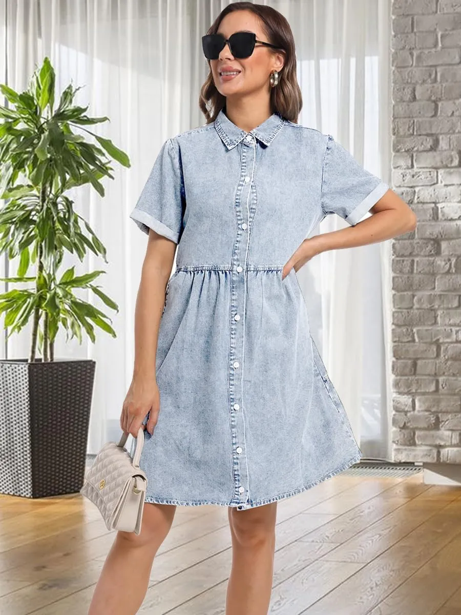 Denim Dress for Women Short Sleeve Button Down Summer Babydoll Casual Jean Dress Tunic Top