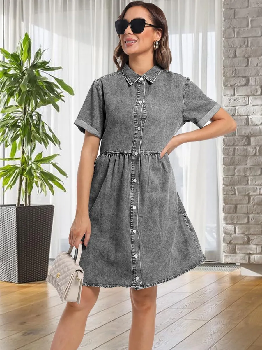 Denim Dress for Women Short Sleeve Button Down Summer Babydoll Casual Jean Dress Tunic Top