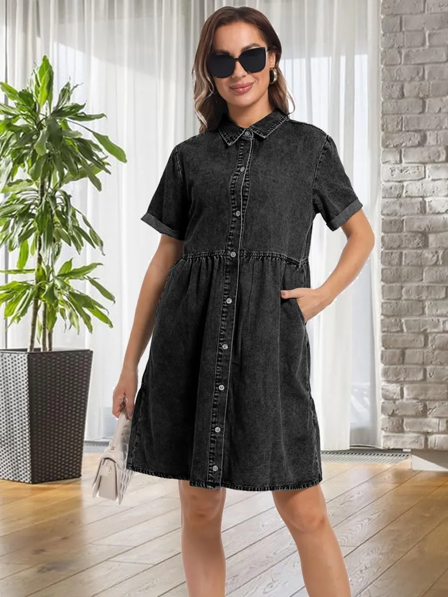 Denim Dress for Women Short Sleeve Button Down Summer Babydoll Casual Jean Dress Tunic Top