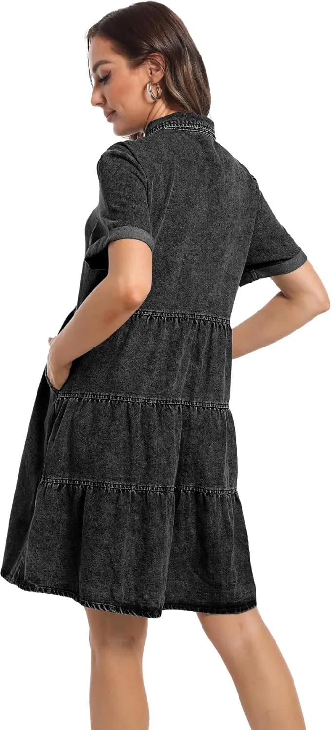 Denim Dress for Women Short Sleeve Button Down Summer Babydoll Casual Jean Dress Tunic Top