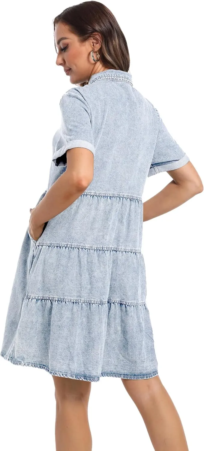 Denim Dress for Women Short Sleeve Button Down Summer Babydoll Casual Jean Dress Tunic Top