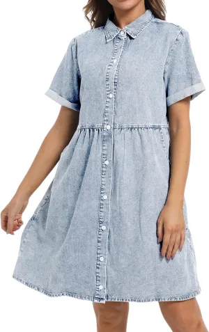 Denim Dress for Women Short Sleeve Button Down Summer Babydoll Casual Jean Dress Tunic Top