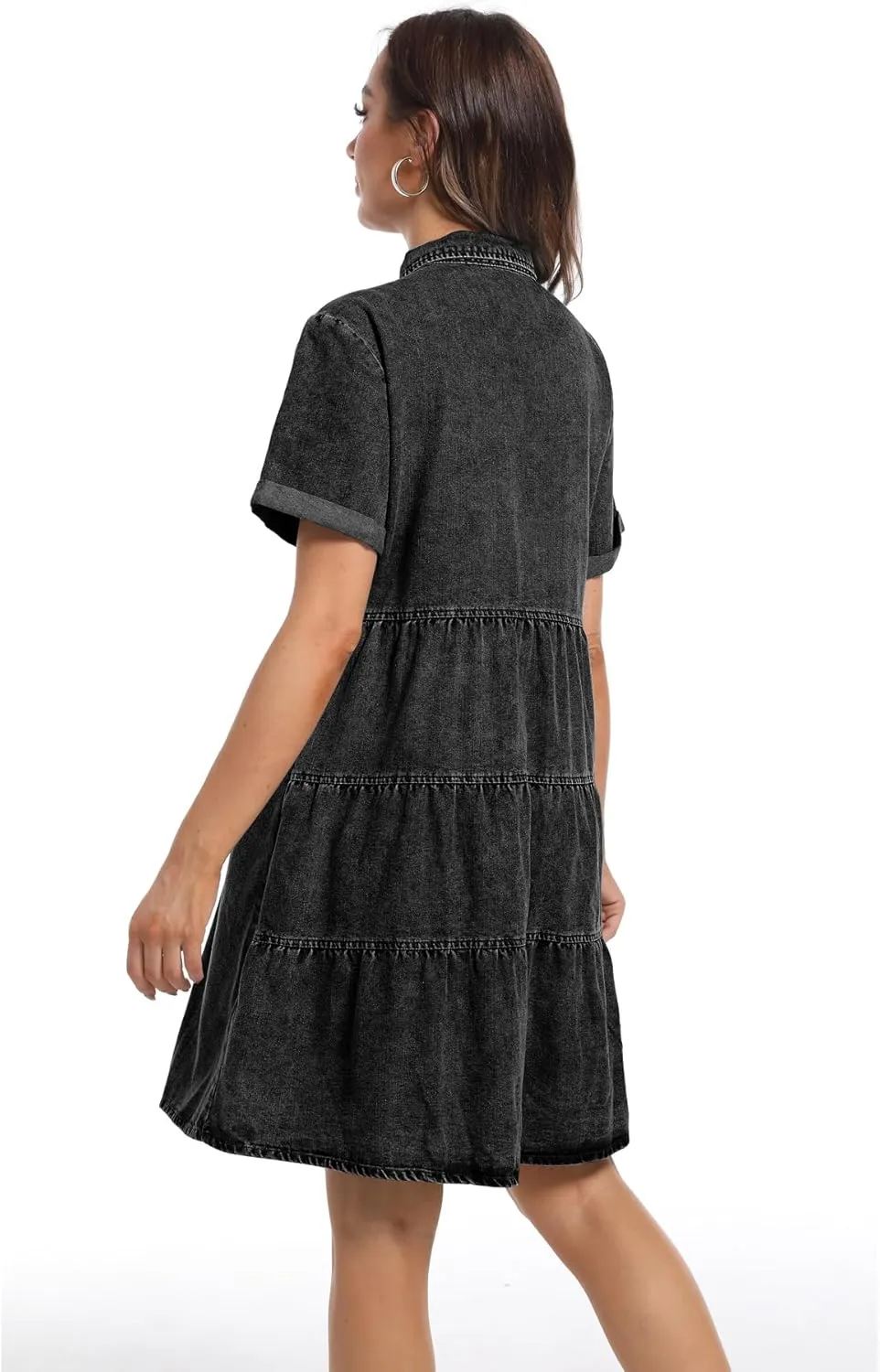 Denim Dress for Women Short Sleeve Button Down Summer Babydoll Casual Jean Dress Tunic Top