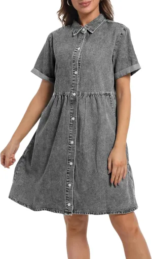 Denim Dress for Women Short Sleeve Button Down Summer Babydoll Casual Jean Dress Tunic Top
