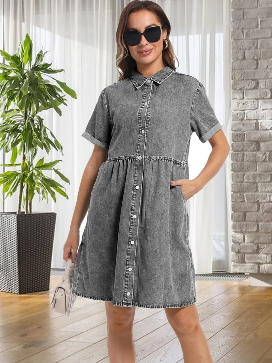 Denim Dress for Women Short Sleeve Button Down Summer Babydoll Casual Jean Dress Tunic Top