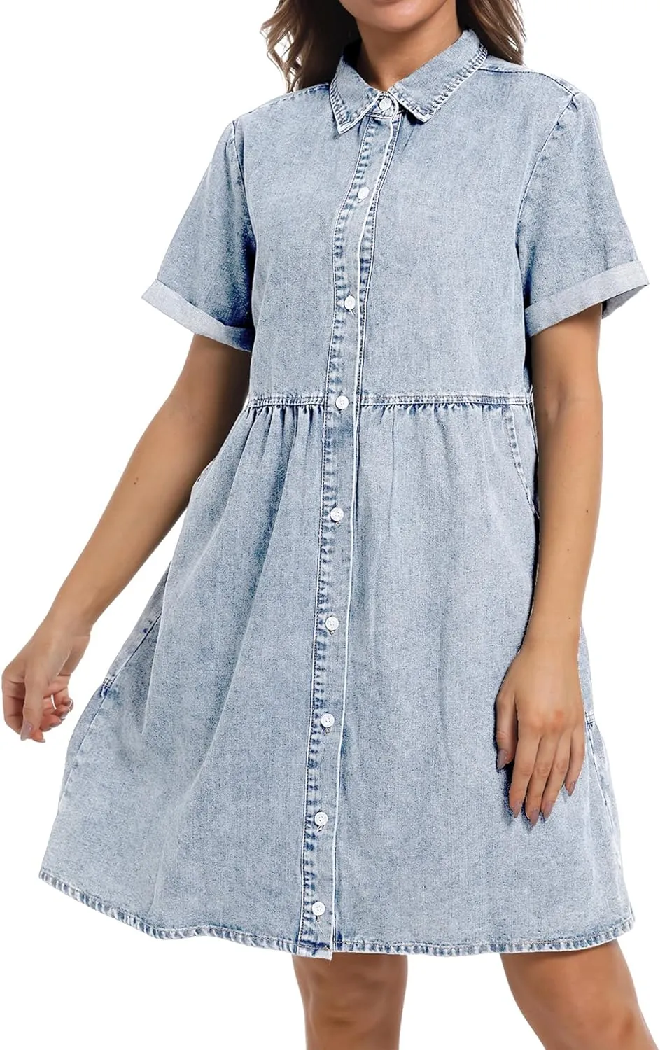Denim Dress for Women Short Sleeve Button Down Summer Babydoll Casual Jean Dress Tunic Top