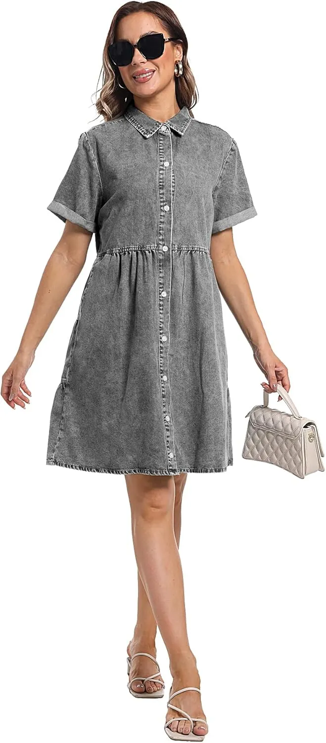 Denim Dress for Women Short Sleeve Button Down Summer Babydoll Casual Jean Dress Tunic Top