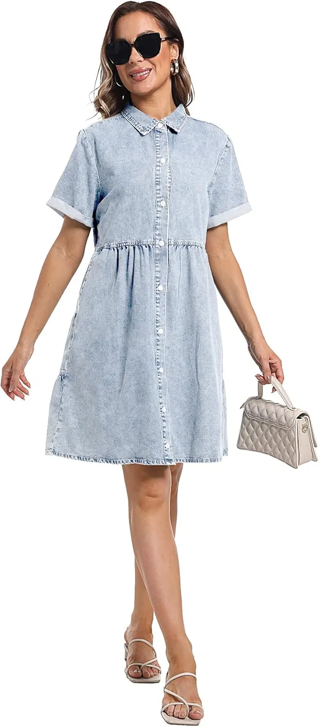 Denim Dress for Women Short Sleeve Button Down Summer Babydoll Casual Jean Dress Tunic Top