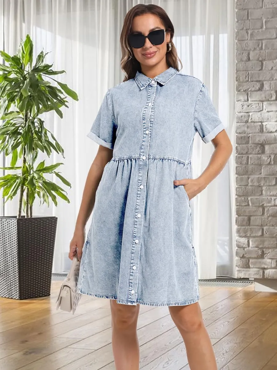 Denim Dress for Women Short Sleeve Button Down Summer Babydoll Casual Jean Dress Tunic Top