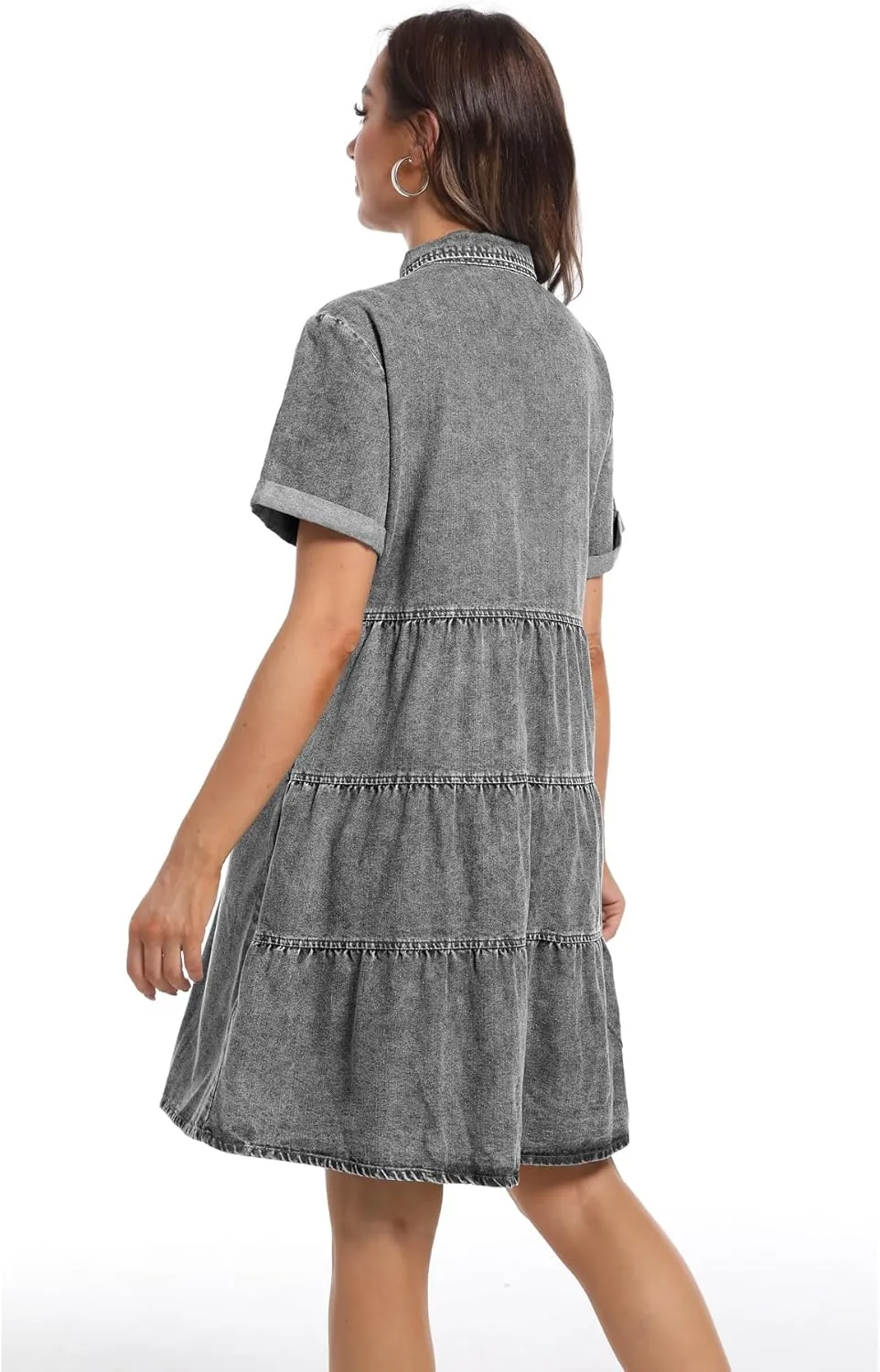 Denim Dress for Women Short Sleeve Button Down Summer Babydoll Casual Jean Dress Tunic Top