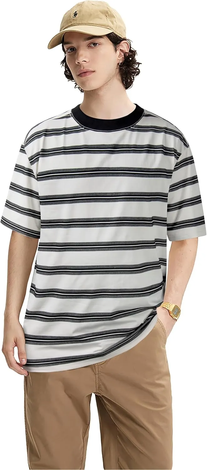 Derminpro Men's Stripe Polo Shirts Short Sleeve Loose Fit Collared T-Shirts