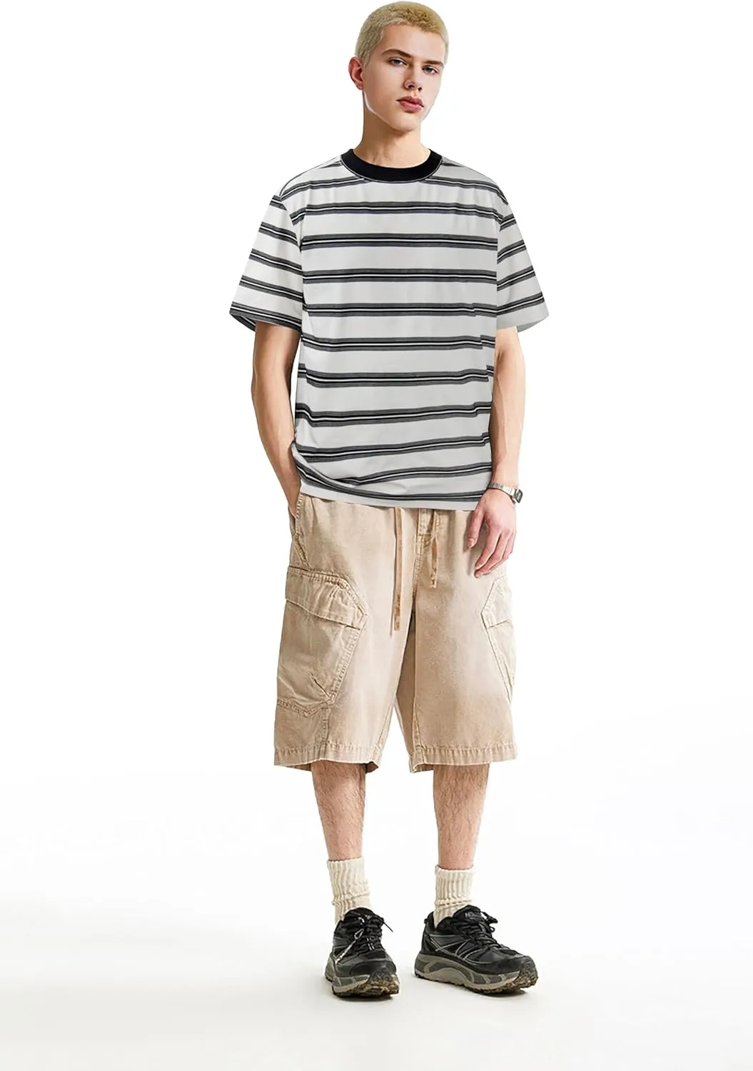 Derminpro Men's Stripe Polo Shirts Short Sleeve Loose Fit Collared T-Shirts