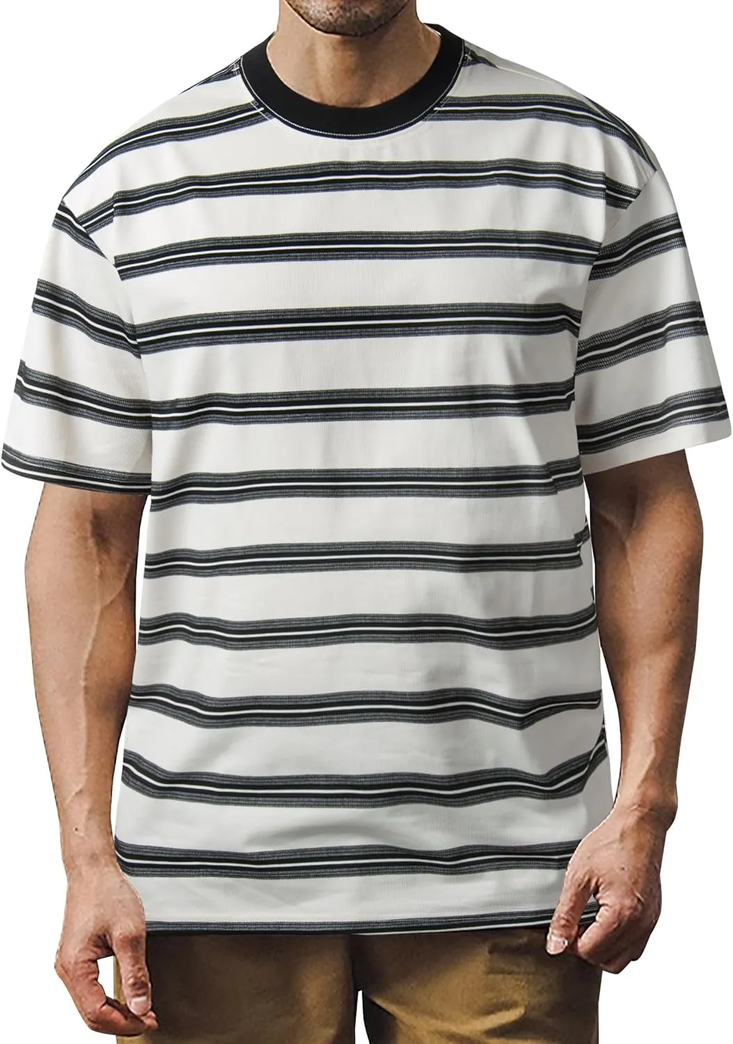 Derminpro Men's Stripe Polo Shirts Short Sleeve Loose Fit Collared T-Shirts