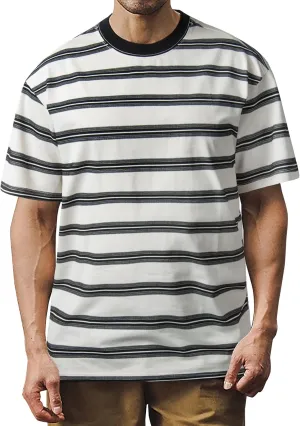 Derminpro Men's Stripe Polo Shirts Short Sleeve Loose Fit Collared T-Shirts
