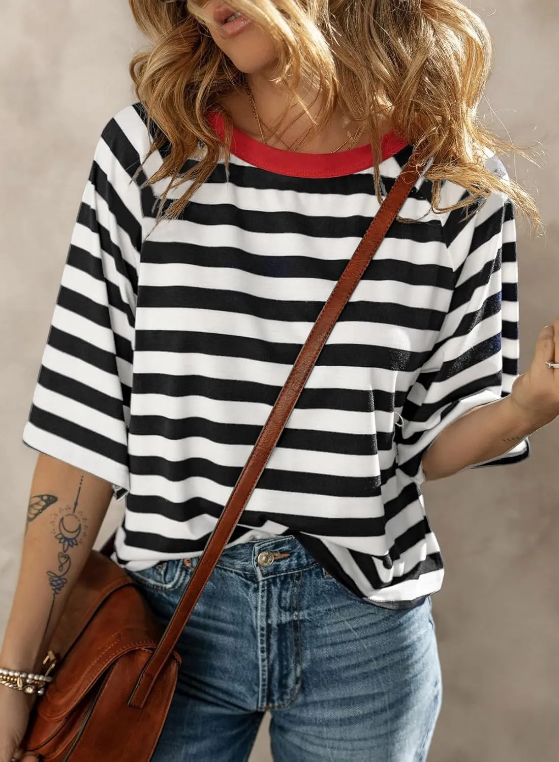 Dokotoo Tops for Women Striped 2025 Fashion T Shirts for Women Color Block Crewneck Design Loose Basic Tee