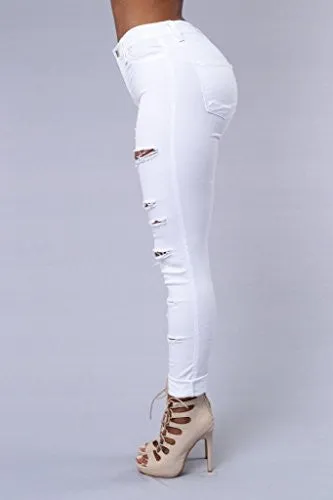 Ermonn Women's Distressed Ripped Denim Pencil Jeans Stretch, White, Small