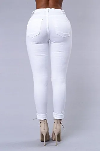 Ermonn Women's Distressed Ripped Denim Pencil Jeans Stretch, White, Small
